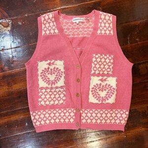 Vintage 1980’s Pink & White V-Neck Sweater Vest with Patchwork Heart Design
